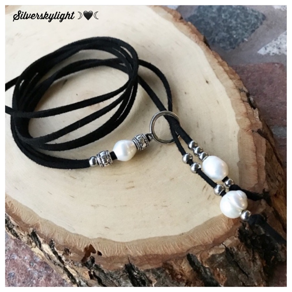 Pearl leather necklace . Genuine fresh water pearls wrap around lariat